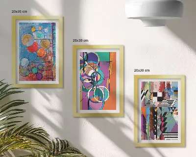 Conjunto de 3 quadros decorativos com abstrações coloridas de círculos e padrões geométricos