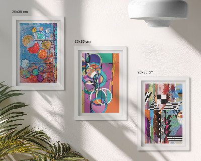 Conjunto de 3 quadros decorativos Abstrações coloridas com círculos e padrões geométricos.