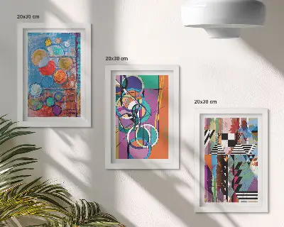 Conjunto de 3 quadros decorativos com abstrações coloridas de círculos e padrões geométricos