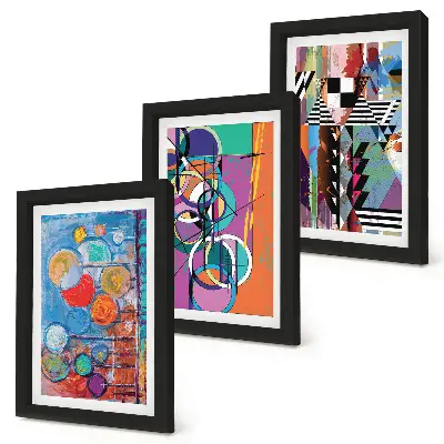 Conjunto de 3 quadros decorativos com abstrações coloridas de círculos e padrões geométricos