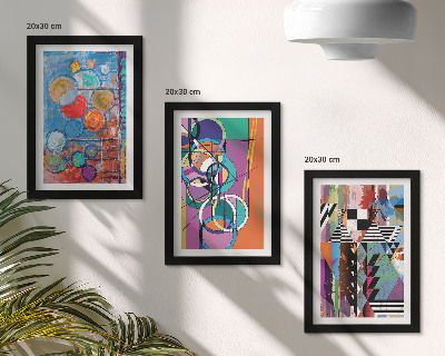 Conjunto de 3 quadros decorativos Abstrações coloridas com círculos e padrões geométricos.