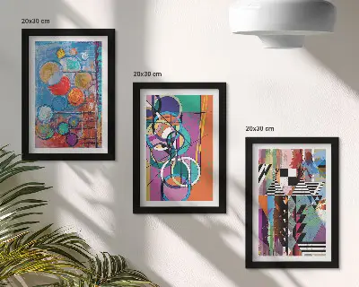 Conjunto de 3 quadros decorativos com abstrações coloridas de círculos e padrões geométricos