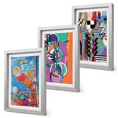 Conjunto de 3 quadros decorativos com abstrações coloridas de círculos e padrões geométricos