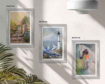 Tríptico com moldura Paisagens naturais com farol e menina com cavalo