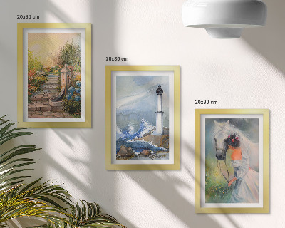 Tríptico com moldura Paisagens naturais com farol e menina com cavalo
