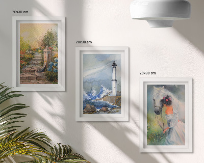 Tríptico com moldura Paisagens naturais com farol e menina com cavalo