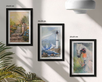 Tríptico com moldura Paisagens naturais com farol e menina com cavalo