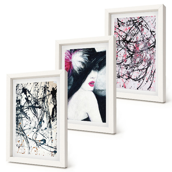Conjunto de molduras com imagens Padrões abstratos de pintura de uma mulher de chapéu.