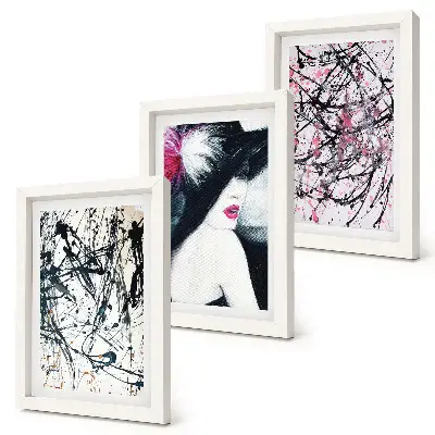 Conjunto de molduras com imagens com padrões abstratos de pintura de uma mulher de chapéu