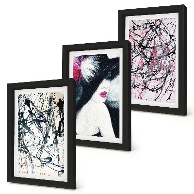 Conjunto de molduras com imagens Padrões abstratos de pintura de uma mulher de chapéu.