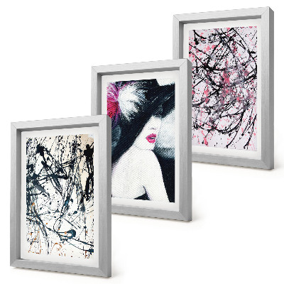 Conjunto de molduras com imagens Padrões abstratos de pintura de uma mulher de chapéu.
