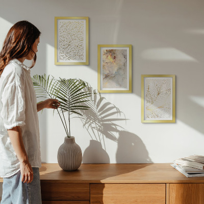 Tríptico com moldura Padrões lineares de folhas em mármore abstrato