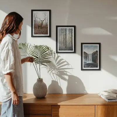 Conjunto de quadros decorativos com imagens paisagens de natureza selvagem com veados