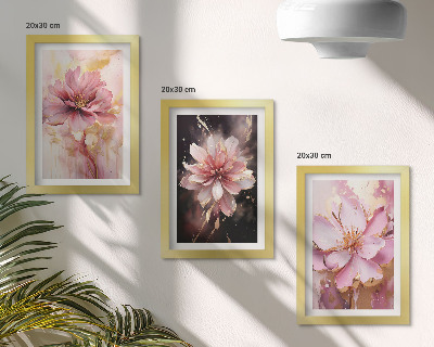 Tríptico com moldura Arranjos florais em tons de rosa e branco.