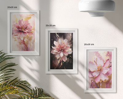Tríptico com moldura Arranjos florais em tons de rosa e branco.