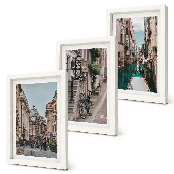 Conjunto de 3 quadros decorativos com ruas venezianas, arquitetura e água