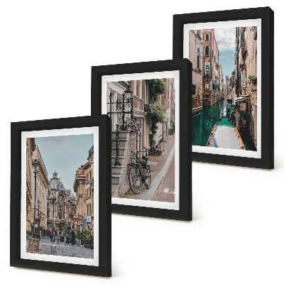 Conjunto de 3 quadros decorativos Ruas venezianas com arquitetura e água