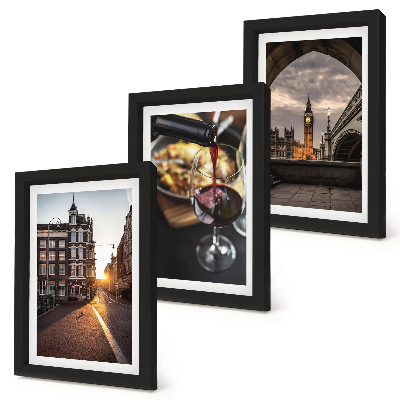 Conjunto de molduras com imagens Uma série de fotos com uma cidade, comida e uma vista de Londres.