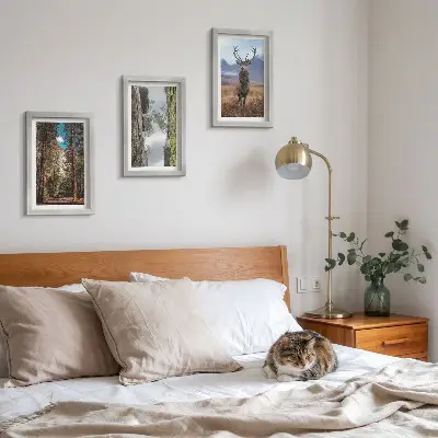 Conjunto de 3 quadros decorativos com estampa de estrada na floresta, montanhas e veados