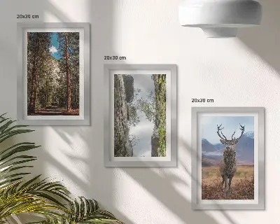 Conjunto de 3 quadros decorativos com estampa de estrada na floresta, montanhas e veados