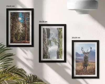 Conjunto de 3 quadros decorativos com estampa de estrada na floresta, montanhas e veados