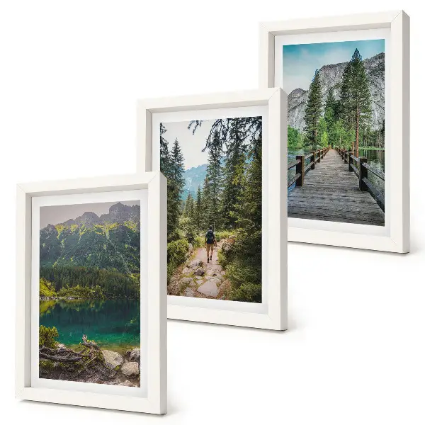 Conjunto de molduras com imagens paisagens de montanhas, lagos, florestas e trilhas na natureza