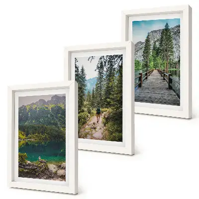 Conjunto de molduras com imagens paisagens de montanhas, lagos, florestas e trilhas na natureza