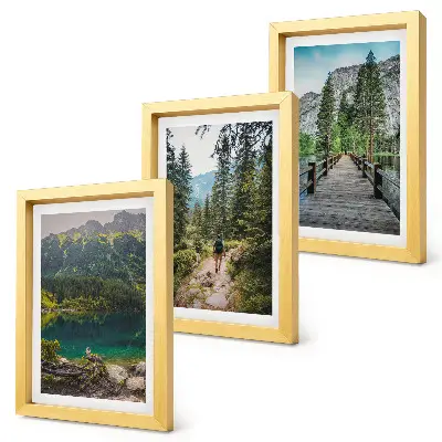 Conjunto de molduras com imagens paisagens de montanhas, lagos, florestas e trilhas na natureza
