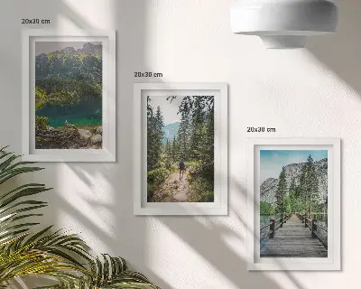 Conjunto de molduras com imagens paisagens de montanhas, lagos, florestas e trilhas na natureza