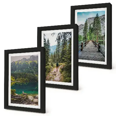 Conjunto de molduras com imagens paisagens de montanhas, lagos, florestas e trilhas na natureza