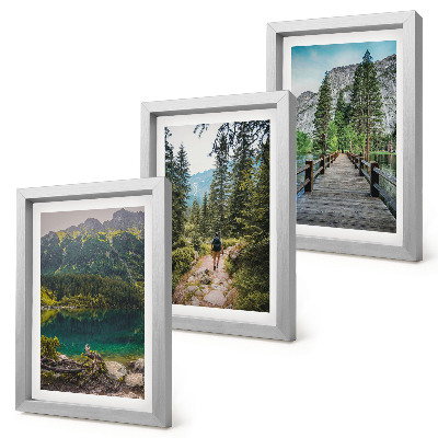 Conjunto de molduras com imagens Montanhas, lagos, florestas e trilhas na natureza.