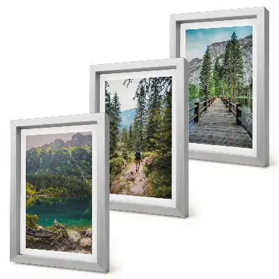 Conjunto de molduras com imagens paisagens de montanhas, lagos, florestas e trilhas na natureza