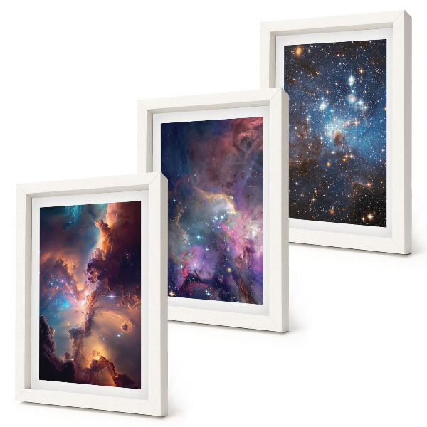 Conjunto de 3 quadros decorativos Paisagens espaciais com estrelas e nebulosas
