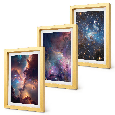 Conjunto de 3 quadros decorativos Paisagens espaciais com estrelas e nebulosas