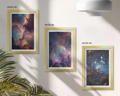 Conjunto de 3 quadros decorativos com paisagens espaciais de estrelas e nebulosas