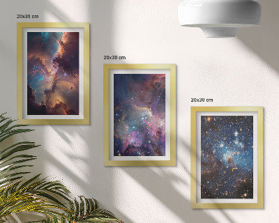 Conjunto de 3 quadros decorativos Paisagens espaciais com estrelas e nebulosas