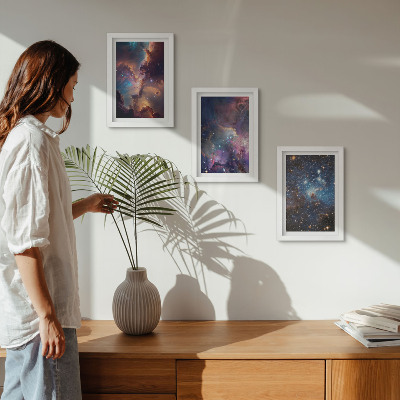 Conjunto de 3 quadros decorativos Paisagens espaciais com estrelas e nebulosas
