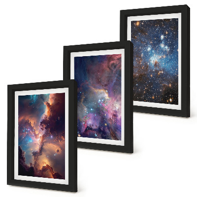 Conjunto de 3 quadros decorativos Paisagens espaciais com estrelas e nebulosas