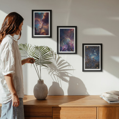 Conjunto de 3 quadros decorativos Paisagens espaciais com estrelas e nebulosas