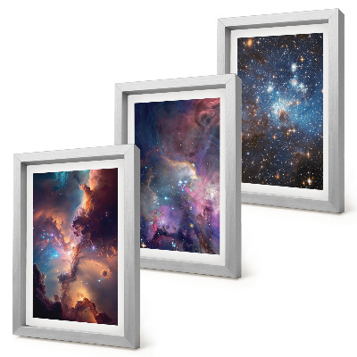 Conjunto de 3 quadros decorativos Paisagens espaciais com estrelas e nebulosas