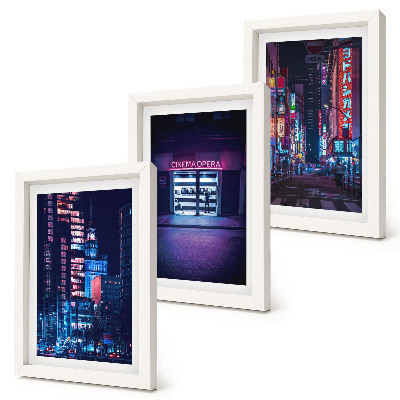 Conjunto de molduras com imagens Cidade noturna com luzes de néon e entrada de cinema.