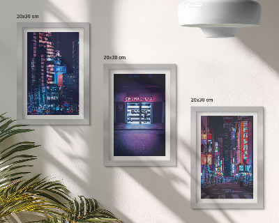Conjunto de molduras com imagens Cidade noturna com luzes de néon e entrada de cinema.