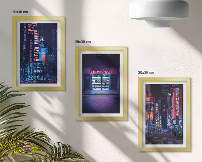 Conjunto de molduras com imagens Cidade noturna com luzes de néon e entrada de cinema.