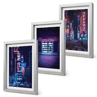 Conjunto de molduras com imagens Cidade noturna com luzes de néon e entrada de cinema.