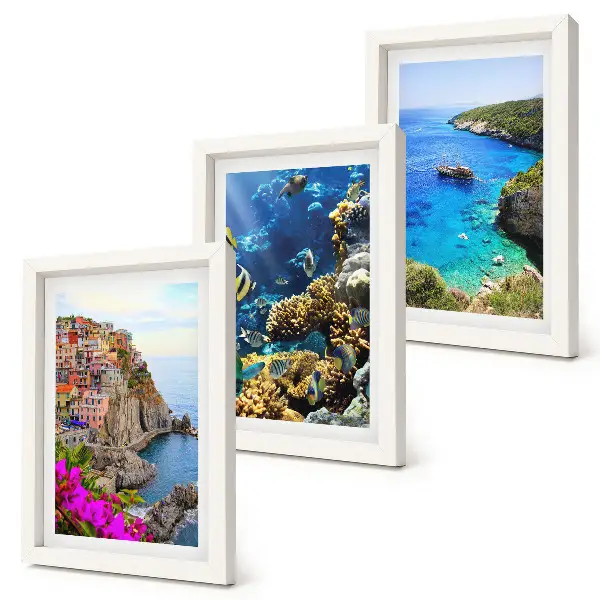 Conjunto de 3 quadros decorativos com vista para o mar, casas coloridas e recife de coral