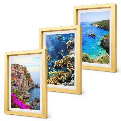 Conjunto de 3 quadros decorativos com vista para o mar, casas coloridas e recife de coral