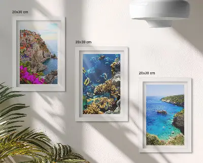 Conjunto de 3 quadros decorativos com vista para o mar, casas coloridas e recife de coral