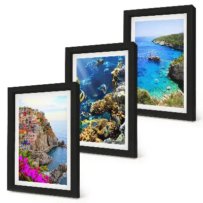 Conjunto de 3 quadros decorativos com vista para o mar, casas coloridas e recife de coral