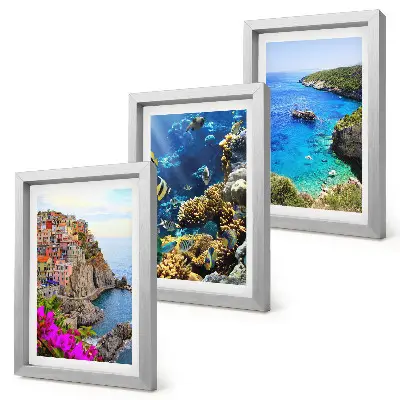 Conjunto de 3 quadros decorativos com vista para o mar, casas coloridas e recife de coral
