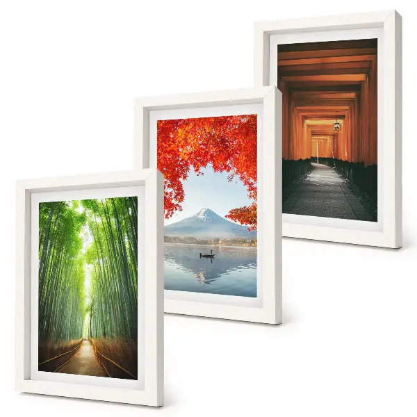 Conjunto de molduras com imagens floresta de bambu e trilha torii do Monte Fuji no Japão